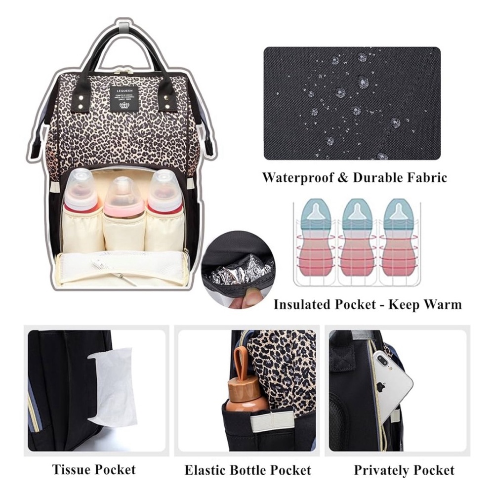 LEQUEEN Diaper bag / Backpack, Black and White Patterned, Sophisticated Design - Picture 2 of 8